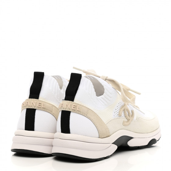 CHANEL Mesh Suede Fabric Womens CC Sneakers 37 White Ivory