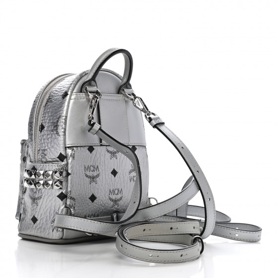 MCM Metallic Visetos Studded X-Mini Bebe Boo Backpack Silver