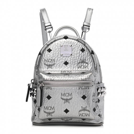 MCM Metallic Visetos Studded X-Mini Bebe Boo Backpack Silver