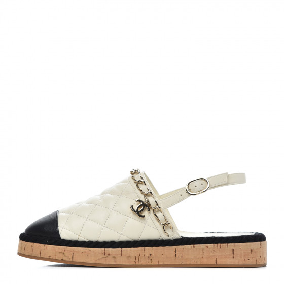 CHANEL Lambskin Calfskin Cap Toe Chain Mules Sandals 38