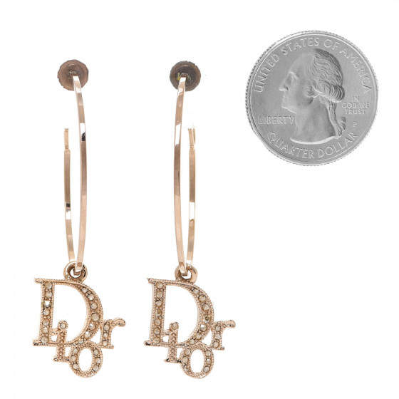 CHRISTIAN DIOR Crystal Logo Hoop Earrings Gold 983006