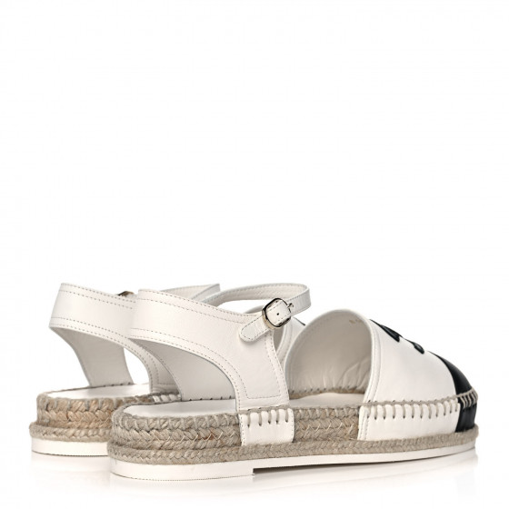 CHANEL Lambskin Cap Toe CC Espadrille Sandals 37 White Black