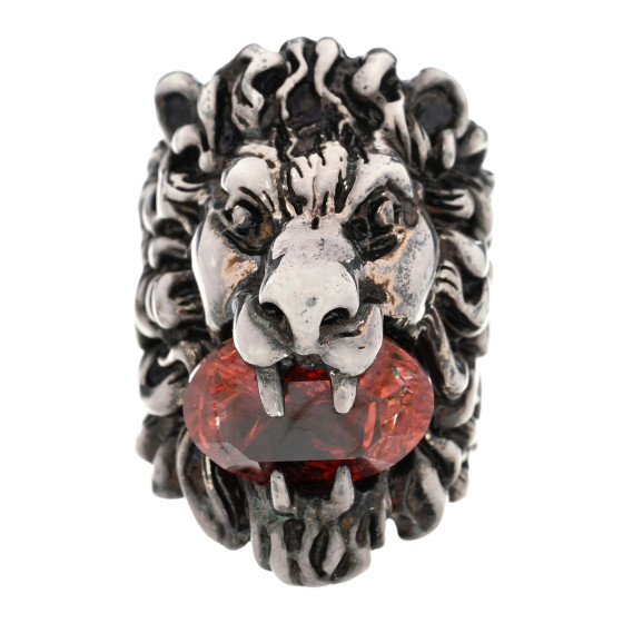 GUCCI Metal Crystal Lion Head Ring Red Aged 49 4.75 Silver
