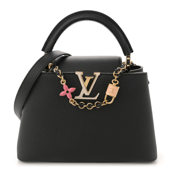 LOUIS VUITTON Taurillon Enamel Flower Padlock Chain Capucines BB Black