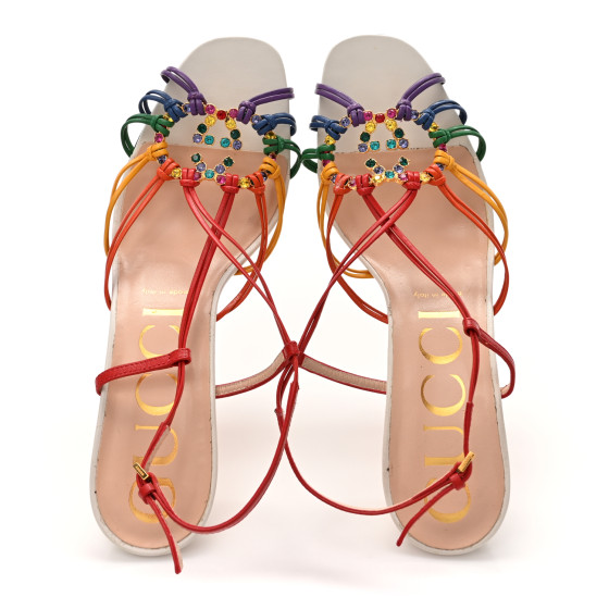 GUCCI Calfskin Crystal GG Isa Ankle Strap Mid Heel Sandals