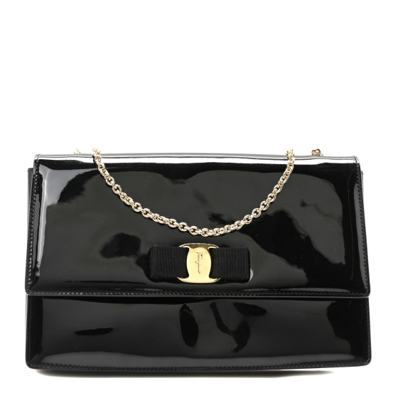 SALVATORE FERRAGAMO Patent Ginny Vara Bow Shoulder Bag Black