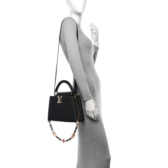 LOUIS VUITTON Taurillon Enamel Flower Padlock Chain Capucines BB Black