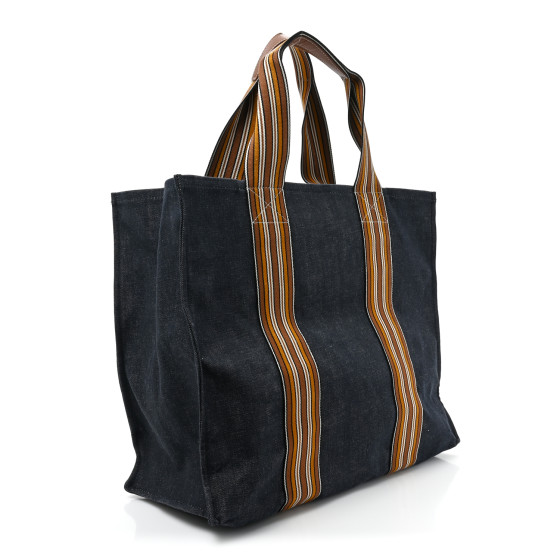 LORO PIANA Denim Cotton Canvas The Suitcase Stripe Tote Blue