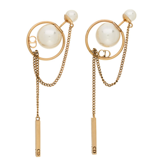 CHRISTIAN DIOR Pearl Tribales Dangle Chain Earrings Gold 1451972