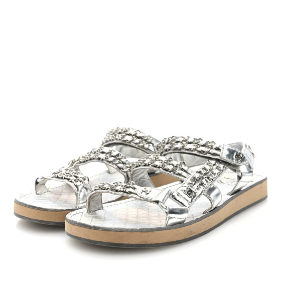 CHANEL Metallic Laminated Goatskin Chain Flat Sandals 39