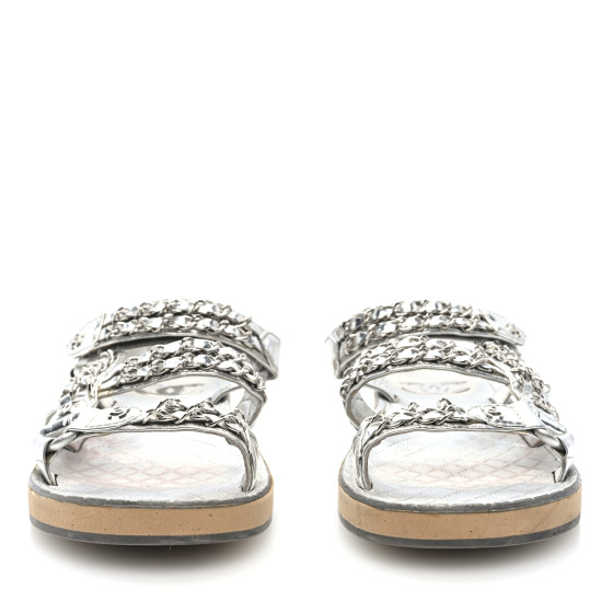CHANEL Metallic Laminated Goatskin Chain Flat Sandals 39