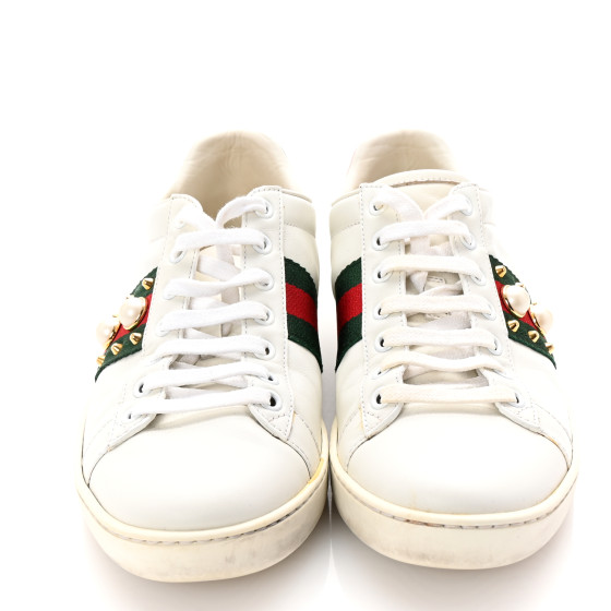 ゆ。 GUCCI Calfskin Web Pearl Studded Womens Ace Sneakers 38
