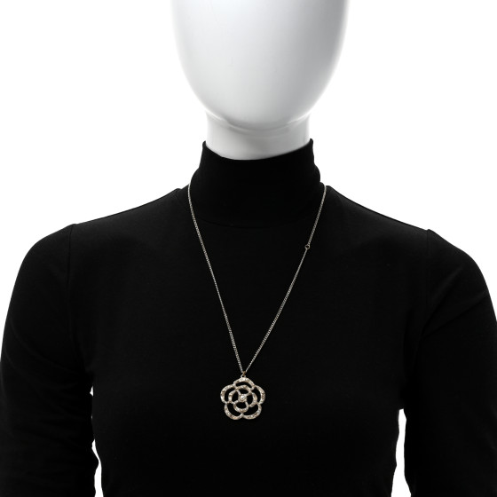 CHANEL Pearl Crystal Large Camellia Pendant Necklace Light Gold