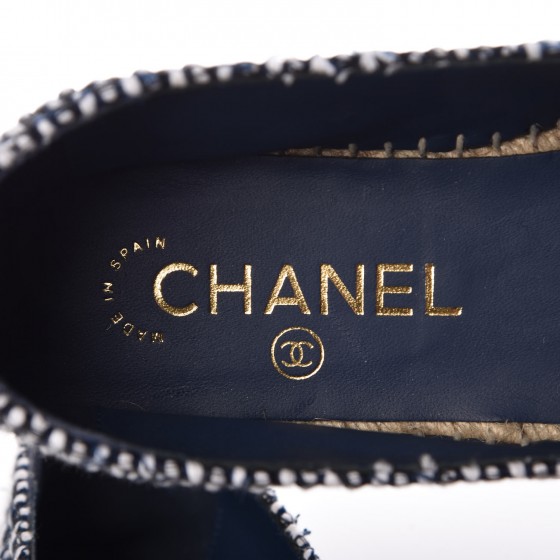 CHANEL Tweed Grosgrain CC Espadrilles 38 Black Navy White