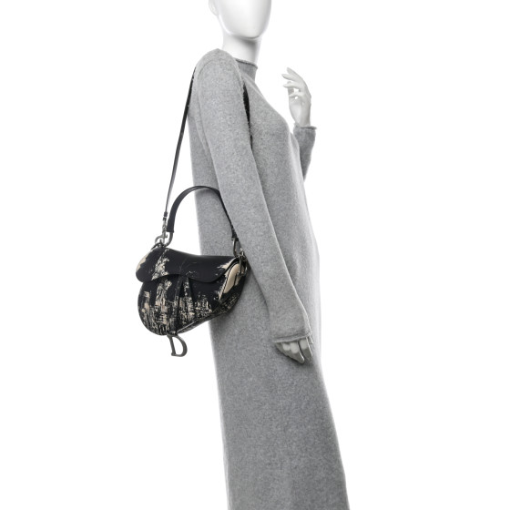 CHRISTIAN DIOR Calfskin New York Saddle Bag With Strap Black