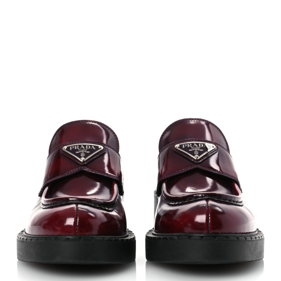 PRADA Brushed Calfskin Metal Triangle Logo 50mm Loafers 38.5