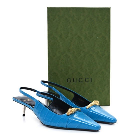 GUCCI - SGR GUCCI Calfskin Crocodile Print Square Slingback Pumps 37.5