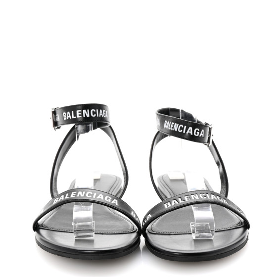 BALENCIAGA Calfskin Allover Logo Flat Sandals 38 Black White