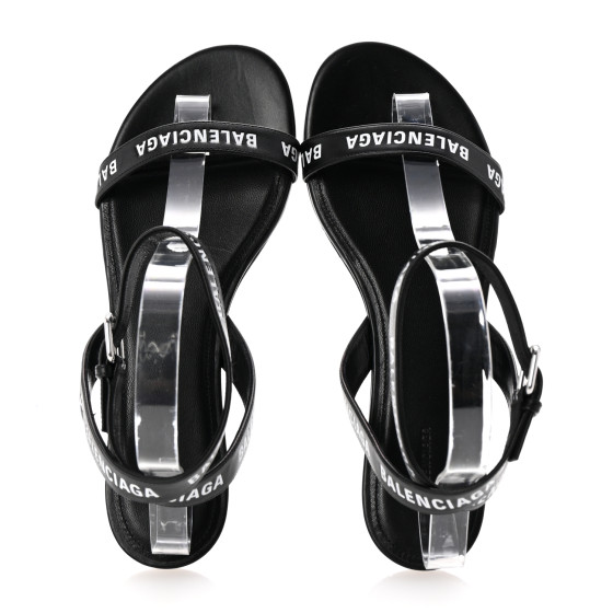 BALENCIAGA Calfskin Allover Logo Flat Sandals 38 Black White