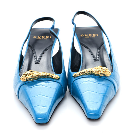 GUCCI - SGR GUCCI Calfskin Crocodile Print Square Slingback Pumps 37.5