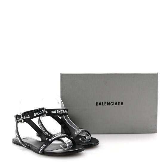 BALENCIAGA Calfskin Allover Logo Flat Sandals 38 Black White