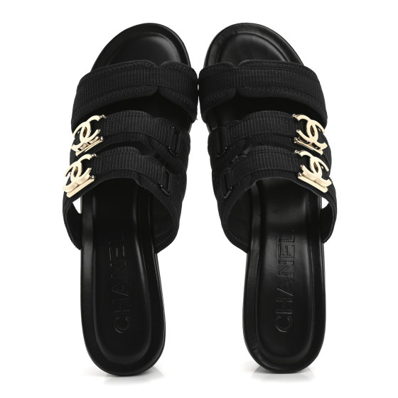 Non■シャネル■36.5✨ミュール■ベージュ‪✕‬ブラック CHANEL Fabric Metal CC Logo Mules 36 Black 1680406