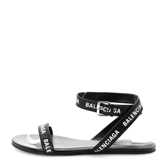 BALENCIAGA Calfskin Allover Logo Flat Sandals 38 Black White