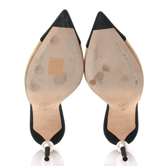 CHANEL Suede Grosgrain Cap Toe CC Mules 39 Beige Black