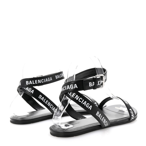 BALENCIAGA Calfskin Allover Logo Flat Sandals 38 Black White