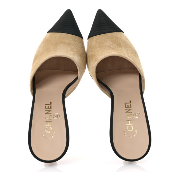CHANEL Suede Grosgrain Cap Toe CC Mules 39 Beige Black