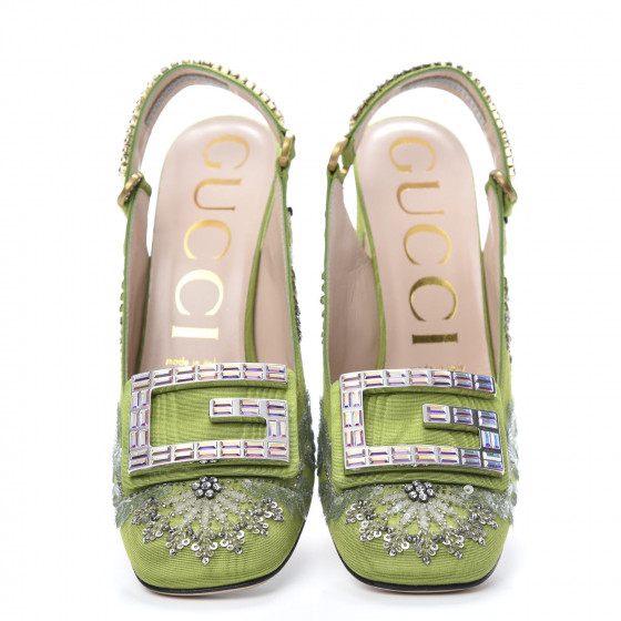 GUCCI Moire Fabric Eyes Crystal Square G Madelyn Slingbacks