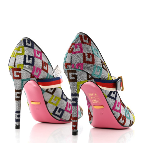 GUCCI Velvet Lurex Square G Web Pumps 39 Silver Multicolor