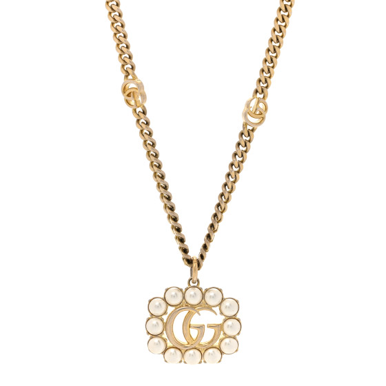 GUCCI Pearl Embellished Double G Necklace Aged Gold 1646345