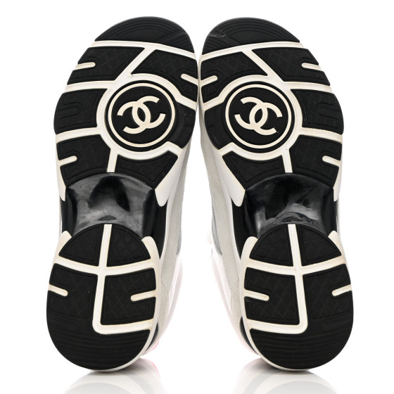 CHANEL Calfskin Fabric Sneakers 39 White Silver Fluo Pink