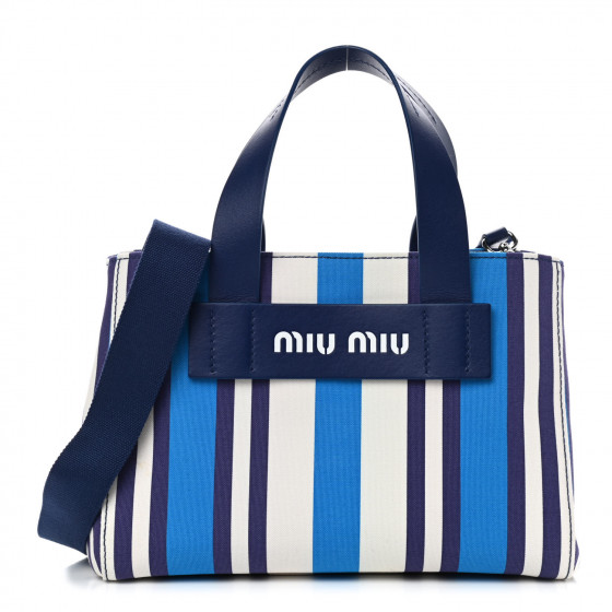 MIU MIU Canvas Striped Small Tote Blue White 869789 | FASHIONPHILE