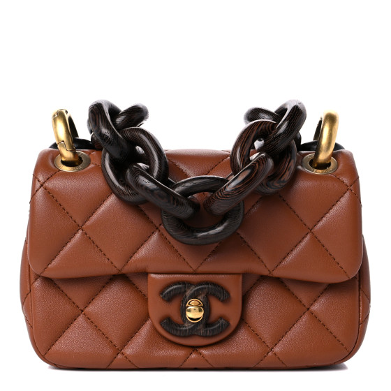 【ヴィンテージ】Rank:S☆Chanel Light Brown Square Mini Flap CHANEL Lambskin Wenge Quilted Mini Fashion Wood Square Flap