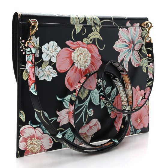 SALVATORE FERRAGAMO Calfskin Floral Print Clutch Black Multicolor