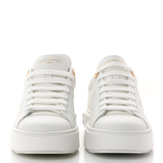 LOUIS VUITTON Lambskin Embossed Monogram Time Out Sneakers 38.5 White