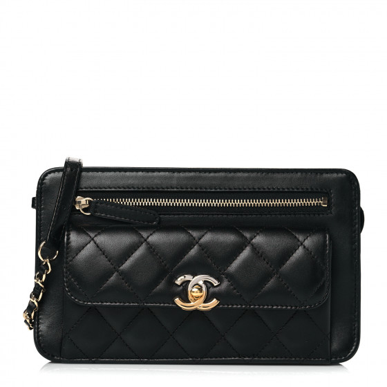 CHANEL Lambskin Quilted Front Pocket Clutch With Chain Black