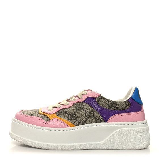 GUCCI Calfskin GG Supreme Monogram Perforated Womens Platform 55mm Sneakers 35 Beige Ebony Sugar Pink Crop Shine Purple