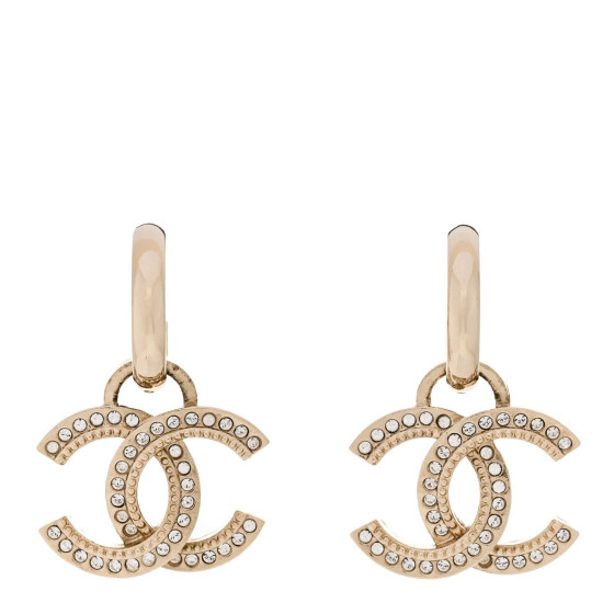 CHANEL Metal Crystal Studded CC Hoop Drop Earrings Gold