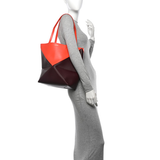 LOEWE Shiny Calfskin Medium Puzzle Fold Tote Burgundy Orange