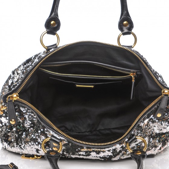 ★超特価★MIU MIU★ Women's Mini Sequin Tote Bag Black Miu Miu Black Zip Paillette Sequin Shopping Bag | Yoogi's Closet