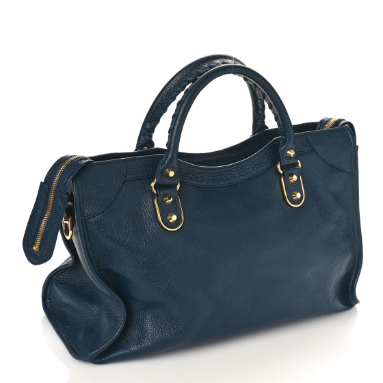 BALENCIAGA Chevre Gold Metallic Edge Hardware City Bleu de