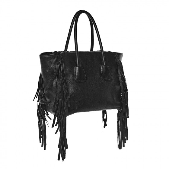 PRADA Glace Calf Twin Pocket Fringe Tote Black 481288