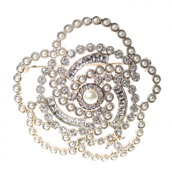 CHANEL Pearl Crystal Lace Camellia Brooch Gold 483192