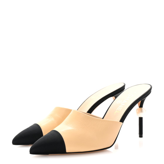 CHANEL Goatskin Grosgrain Cap Toe Pearl Mule 39 Beige Black