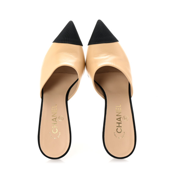 CHANEL Goatskin Grosgrain Cap Toe Pearl Mule 39 Beige Black