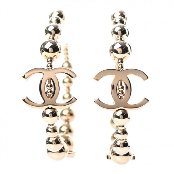 CHANEL Metal Bead CC Hoop Earrings Gold 856658 | FASHIONPHILE