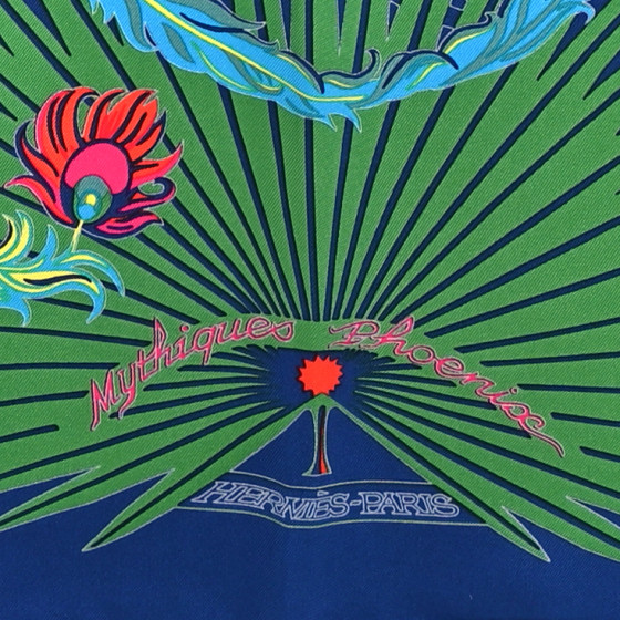 HERMES Silk Mythiques Phoenix Coloriage Scarf 90 Bleu Royal